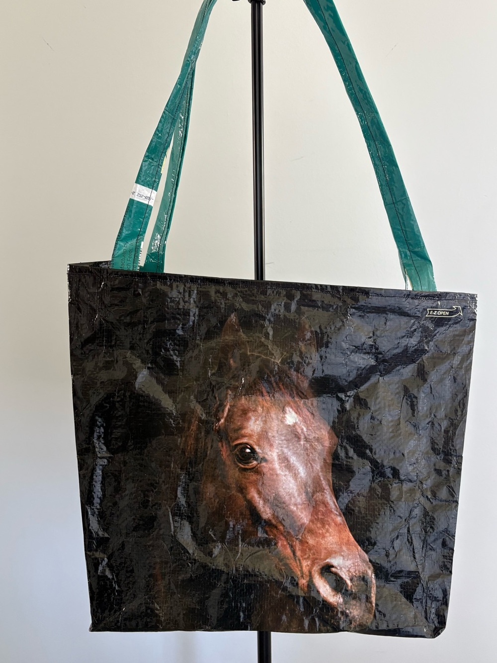 Recycled Tote Bag with Horse Print - Black and Teal Handmade
